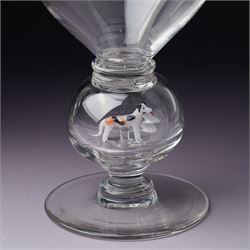 Set of six 1930s glass goblets by William Swingewood for Stevens & Williams, each goblet with lampwork glass stem, the large hollow blown knop containing dog, pair of hounds, horse, raven and two with flowers, H18cm (6)