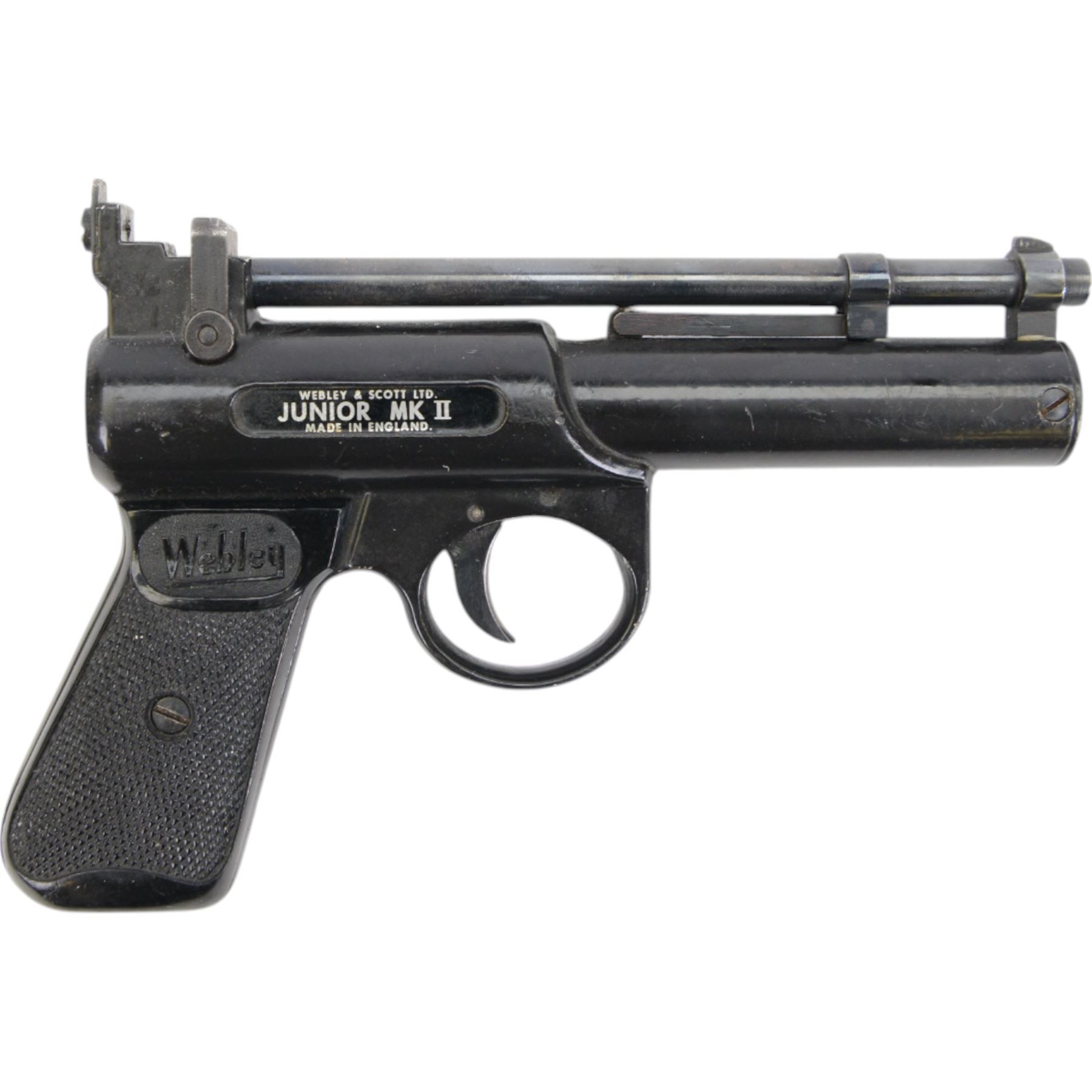 Webley Junior MK II .177 air pistol, the chamber marked 'Webley & Scott Ltd. Junior MK II Made in England' , with black checkered grip, H16cm, L28cm