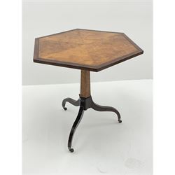 Regency style birdseye maple and rosewood tripod table, hexagonal tilt top with segmented veneer and banding, tapered hexagonal column on three splayed serpentine supports, brass cups and castors 