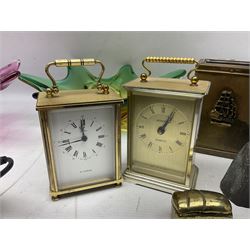 Metamec and H. Samuel battery operated brass carriage clocks, bronzed style abstract figure signed 'Cotp W', two art glass splash bowls, etc