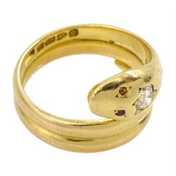 Early 20th century 18ct gold coiled snake ring, the head set with a single stone diamond and ruby eye, Chester 1914, diamond approx 0.25 carat, boxed