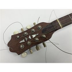 Italian bouzouki type long necked mandolin with segmented lute back and spruce top with tortoiseshell style panels; bears label 'Miroglio & Figli Sicilia Catania Italia' L99cm; and Italian lute back mandolin with segmented back and spruce top bearing label for F. De Mureda Napoli (2)