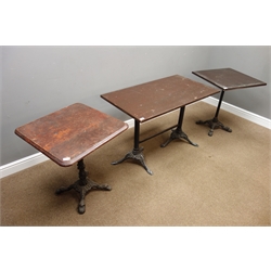  Rectangular pub/bistro table on cast metal base (108cm x 61cm, H72cm), and two other square top pub/bistro tables  