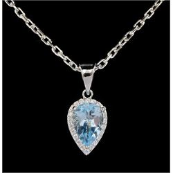 Silver pear cut blue topaz and cubic zirconia pendant necklace, stamped 925