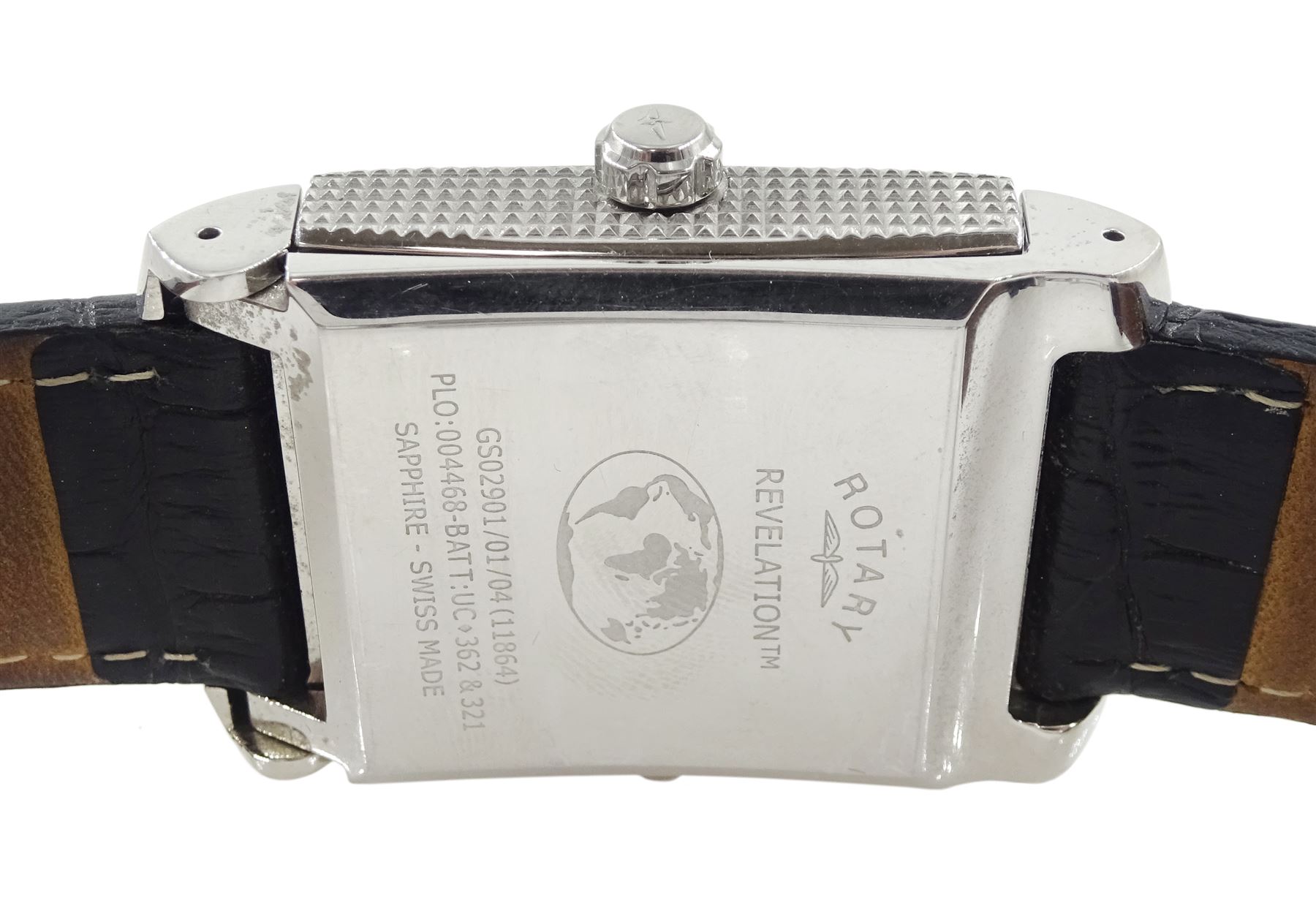 Rotary Revelation reversible night and day gentleman's stainless steel quartz wristwatch, silvered dial with Roman numerals, reversing to a second black dial with baton hour markers, both with subsidiary seconds dials, on original black leather strap, with fold-over clasp, boxed with guarantee dated 2008