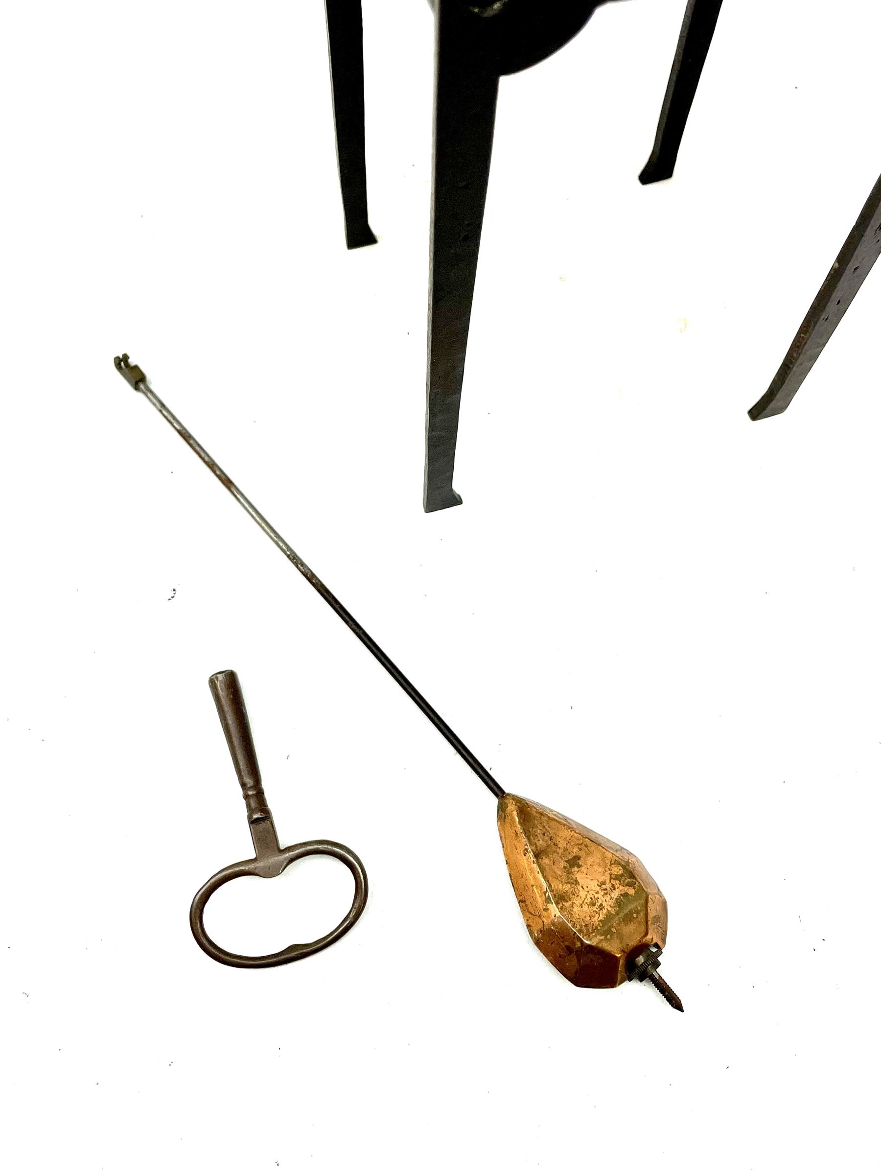 A German Arts and Crafts 'Gesamtkunstwerk' mantle clock c1890 in a square formed iron case with abalone incised triangles to each corner, case raised on four legs with inward facing feet,  convex copper chapter ring hand engraved with upright Arabic numerals, conforming copper hands in an individual style, with an eight-day spring driven rack striking movement manufactured by Lenzkirch, striking the hours and half hours on a bell, conforming steel pendulum with a hand-crafted faceted pear-shaped copper bob. With key.
Lenzkirch were one of the most prolific and respected German clock manufacturers of the 19th and early 20th century, it is highly probable that this movement was removed from another clock and incorporated into this artisan case when made at the end of the 19th century.