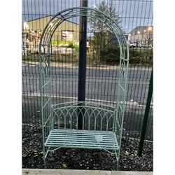 Washed green finish metal garden arbour bench, arch trellis top - THIS LOT IS TO BE COLLECTED BY APPOINTMENT FROM DUGGLEBY STORAGE, GREAT HILL, EASTFIELD, SCARBOROUGH, YO11 3TX