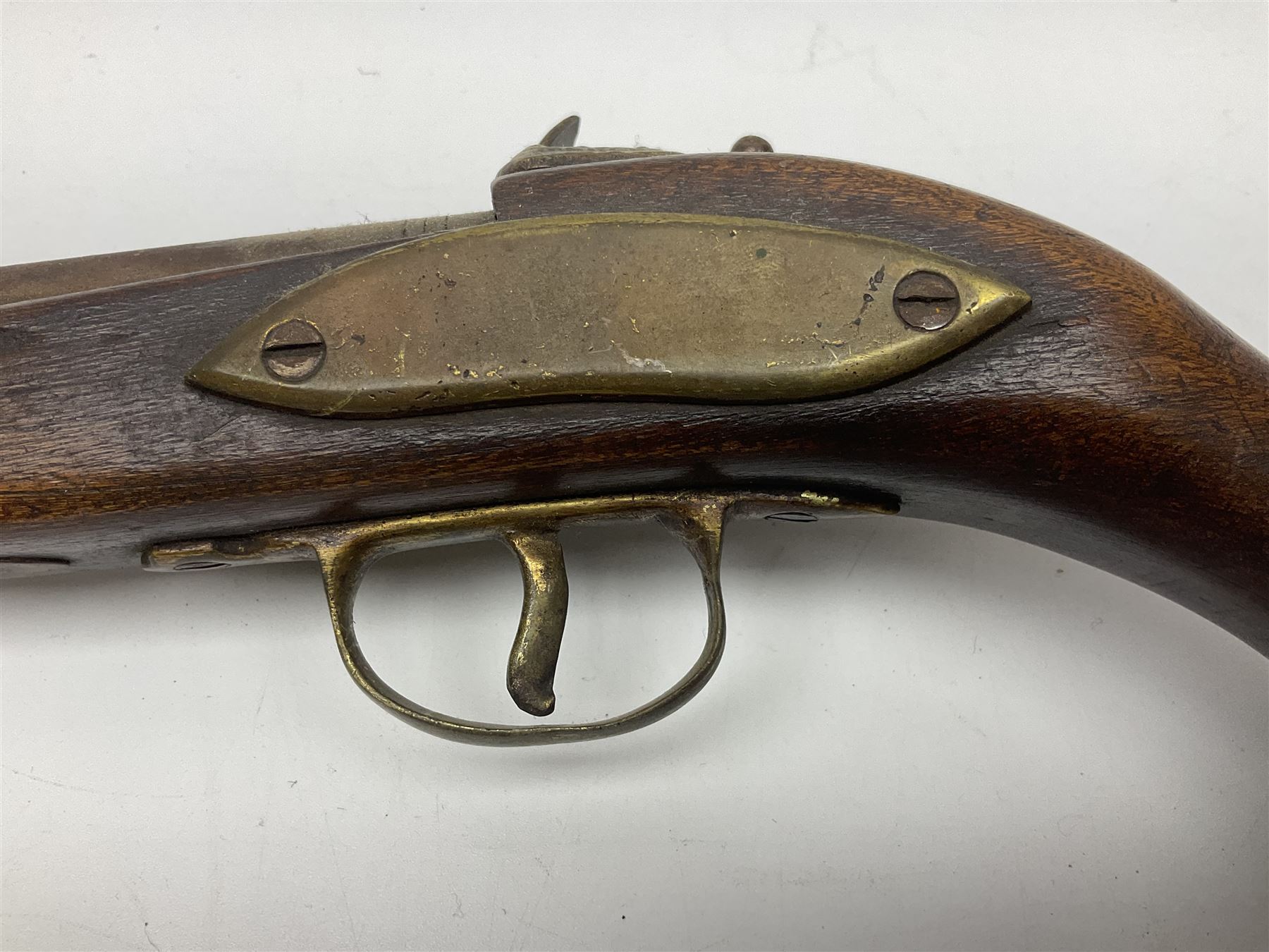 Leather covered swagger/sword stick with 40cm steel blade L62cm overall; another ash sword stick with 30cm diamond section steel blade; pair of fencing foils, the blades marked Solingen; two reproduction flintlock pistols; and 92cm inert cartridge belt (7)