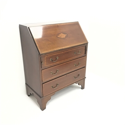  Edwardian inlaid mahogany bureau, fall front enclosing fitted interior, three graduating drawers, W78cm, H99cm, D43cm  