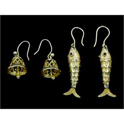 Pair of 14ct gold articulated fish pendant earrings and a pair of 9ct gold bell earrings, hallmarked