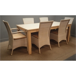  Smith Brothers - white oak rectangular dining table with extension leaves (H75cm, 96cm x 190cm - 290cm (with leaves)), and set six rattan chairs with leather seat cushions  