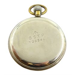 Military issue nickle open face, 15 jewels lever pocket watch by Omega, No. 9960290, white enamel dial with Arabic numerals and subsidiary seconds dial, snap on back case with broad arrow and Military issue markings 'G.S.T.P. Y05340 