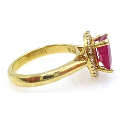  18ct gold oval ruby and diamond cluster ring, hallmarked, ruby approx 1.9 carat  