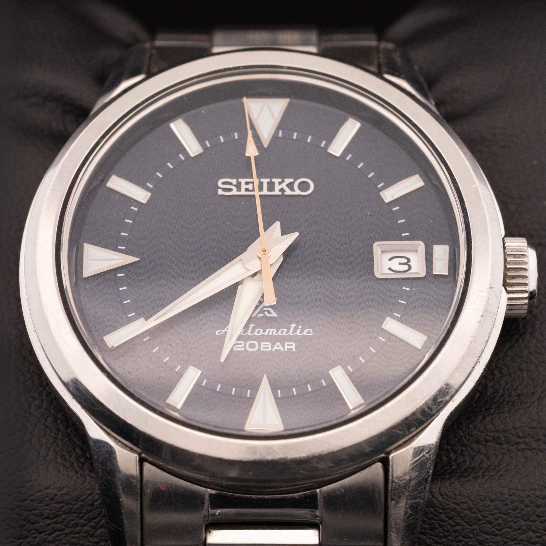 Seiko Prospex Alpinist gentleman's stainless steel automatic wristwatch, Ref. 6R35-01M0, blue dial with luminous baton and dagger hour markers and date aperture, on stainless steel bracelet, with fold-over clasp, boxed