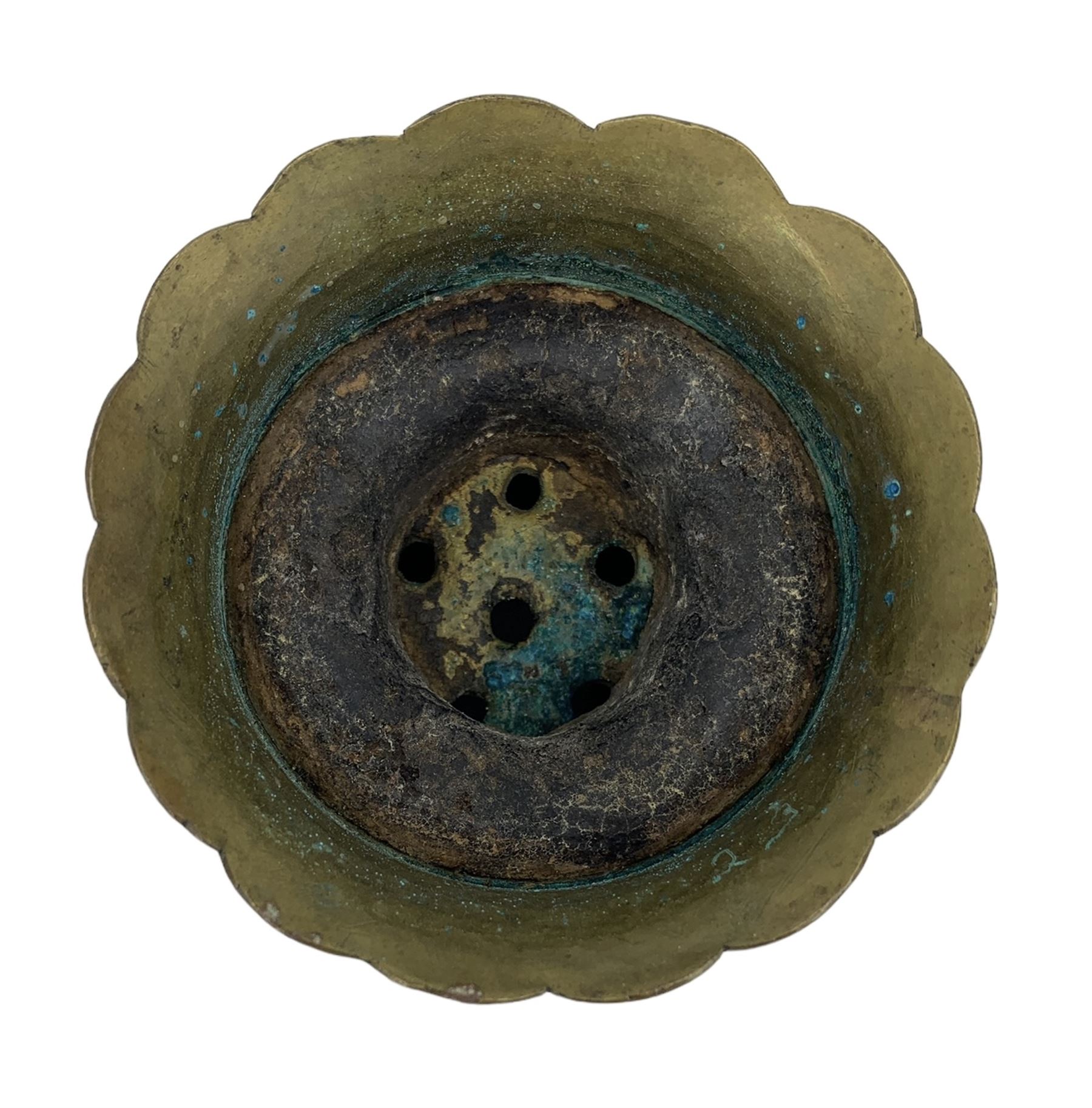 19th century Persian brass and white metal inlaid Hookah bowl, decorated with stylized fish and scrolling motifs, H11cm 