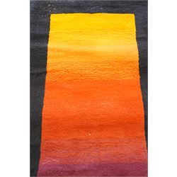 Contemporary wool runner rug, the field in a vibrant vibrant sunset-to-purple gradient with a wide dark indigo guard band