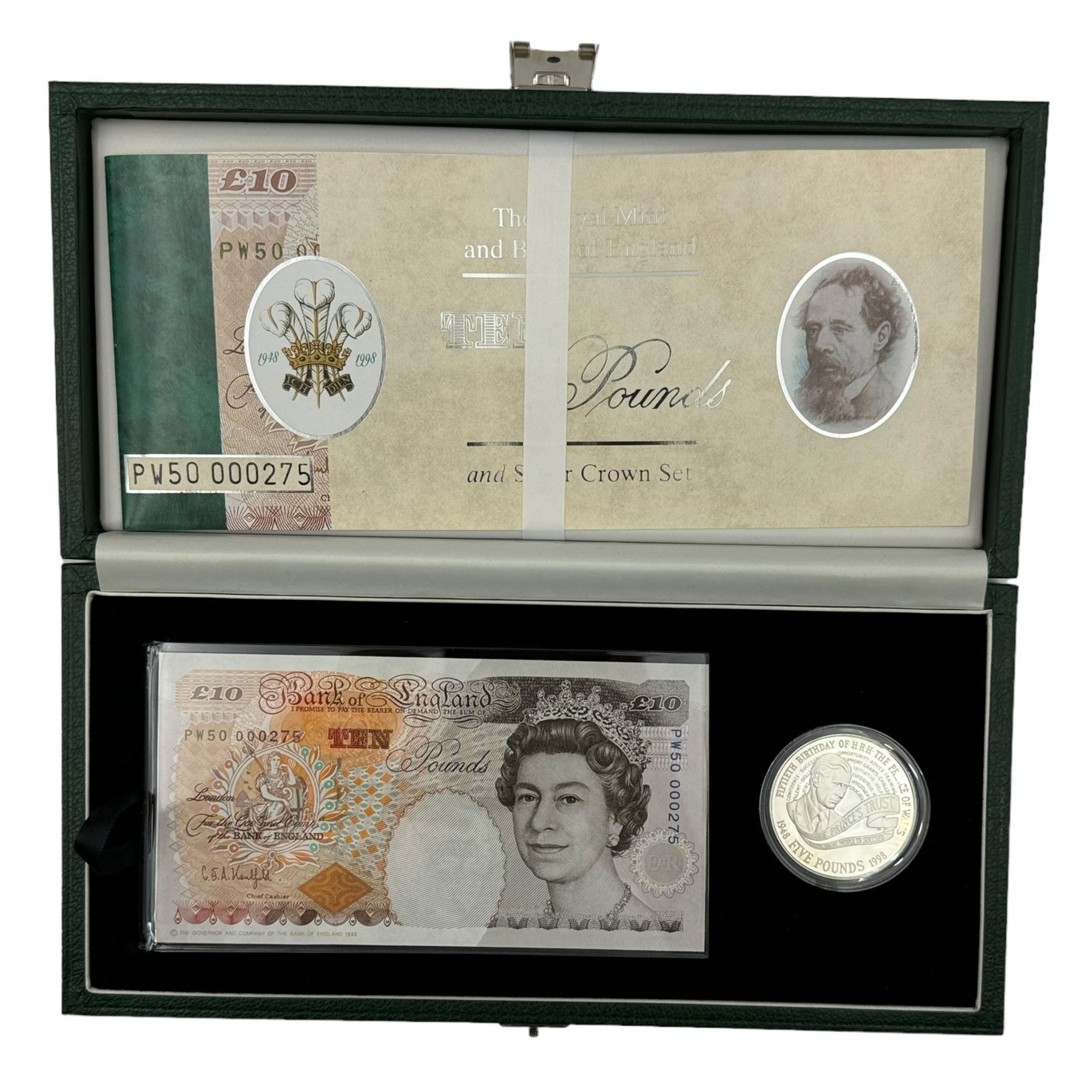 Three The Royal Mint and Bank of England silver proof five pound coin and banknote sets, comprising Kentfield ten pounds 'PW50' with 1998 five pound coin, Kentfield twenty pounds 'YR19' with 2000 five pound coin and Lowther twenty pounds 'YR20' with 2000 five pound coin, all cased with certificate