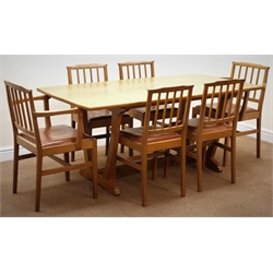  Alan 'Acornman' Grainger of Brandsby rectangular oak dining table, shaped chamfered supports on arched sledge feet joined by single floor stretcher (W168cm, H74cm, D90cm) and set eight (6+2) matching dining chairs, upholstered seat (W59cm)  