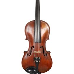 Two 19th century violins, each with two piece maple backs, ebonised wooden pegs and finger boards and modern plastic chin rests, with two bows, all contained within a modern two-violin soft case with red interior