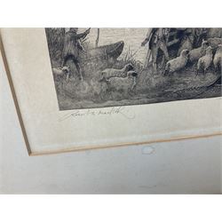 Robert Walker Macbeth (Scottish 1848-1910): 'The Ferry - Five Miles from Anywhere Pub' Upware Ely, etching signed in pencil; Fred Slocombe (British 1847-1920): Woodland path, etching signed in pencil, max 28cm x 40cm (2)