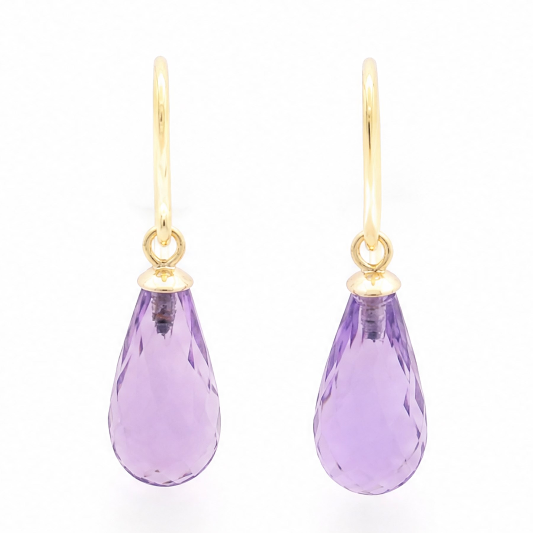 Pair of 9ct gold briolette cut amethyst pendant earrings, stamped 375