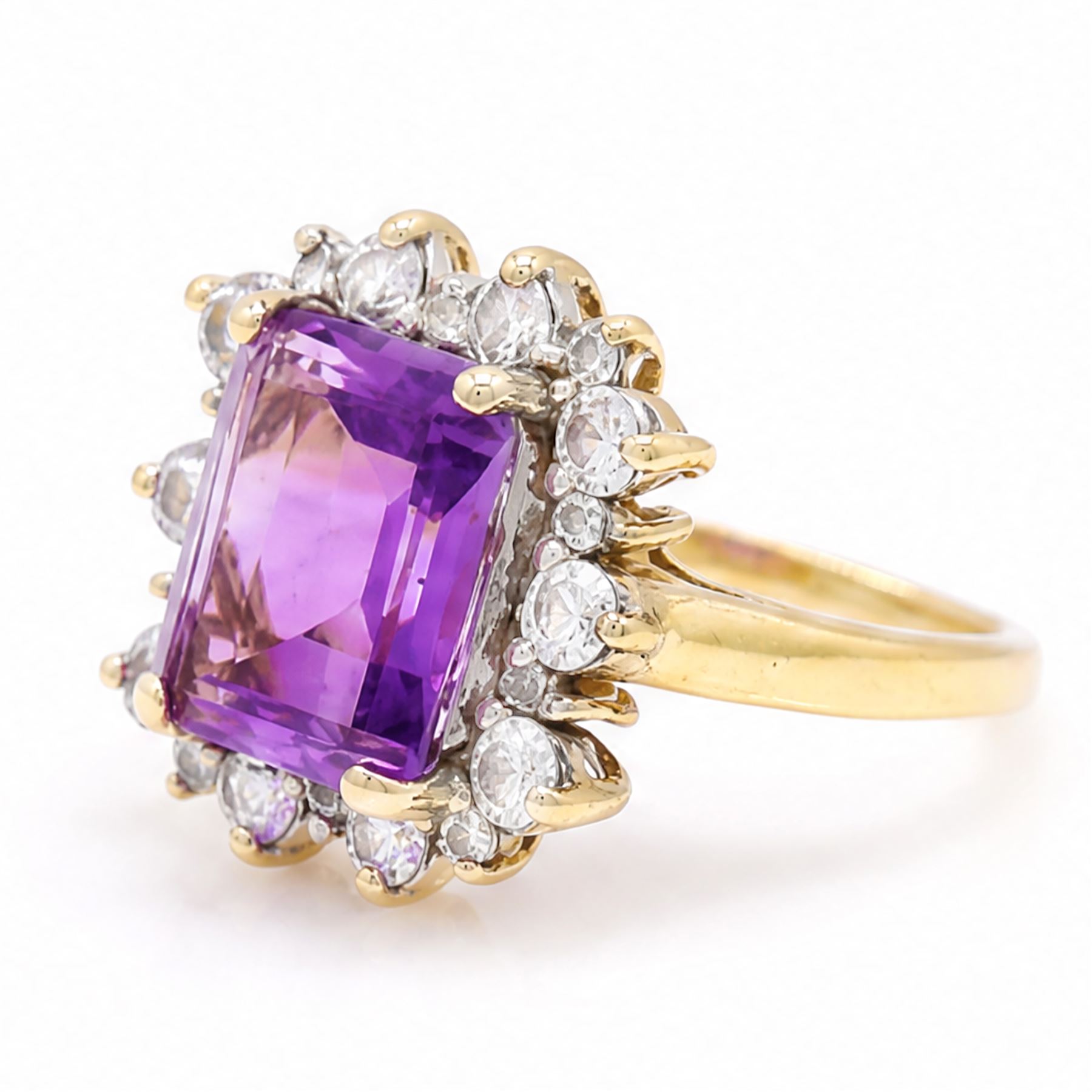 9ct gold amethyst and cubic zirconia cluster ring, hallmarked