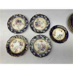 Four Copeland Spode dinner plates decorated with New Bridge pattern, three Viersa dessert plates with floral and gilding decoration and three similar examples 