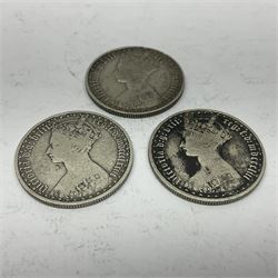 Three Queen Victoria silver 'Gothic' florin coins, dated two 1853 and 1873