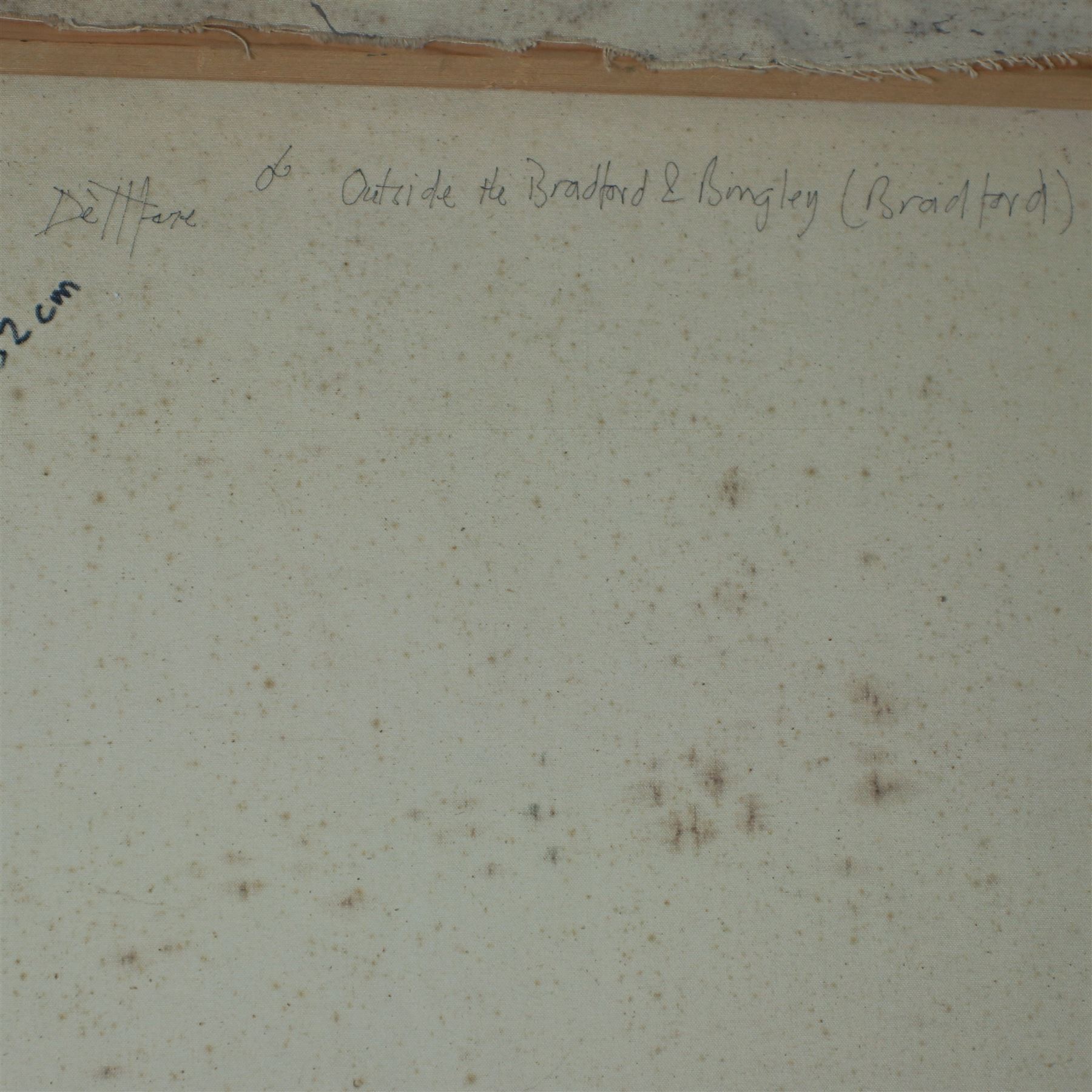 Barry De More (Yorkshire 1948-2023): 'Outside Bradford and Bingley' Station, oil and impasto on canvas signed, inscribed and dated '06 verso 120cm x 152cm