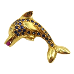  Sapphire, ruby and diamond gold dolphin pendant brooch, stamped 750   