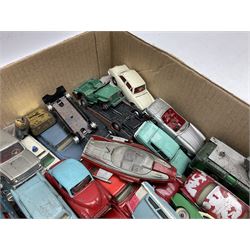 Dinky - over thirty unboxed and playworn die-cast models including Vega Major Luxury Coach, Peugeot 404, Humber Hawk, Ford Transit Van, Jaguar Type D etc; fourteen Dinky road signs; and quantity of other models including Budgie Supercar, Tri-ang Spot-On, Tekno etc
