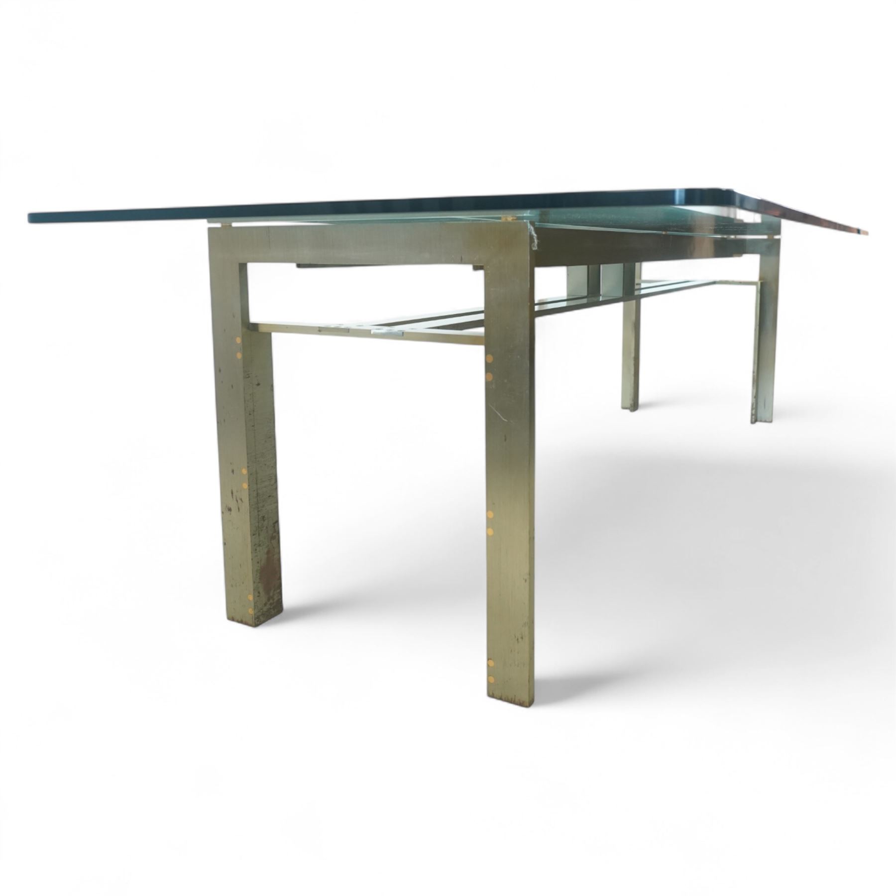 Carlo Scarpa for Studio Simon – 1970s Italian design dining table, the rectangular clear glazed top resting on a brushed steel and aluminium architectural base, with exposed bolt details and angled legs, maker's label with the designer's signature