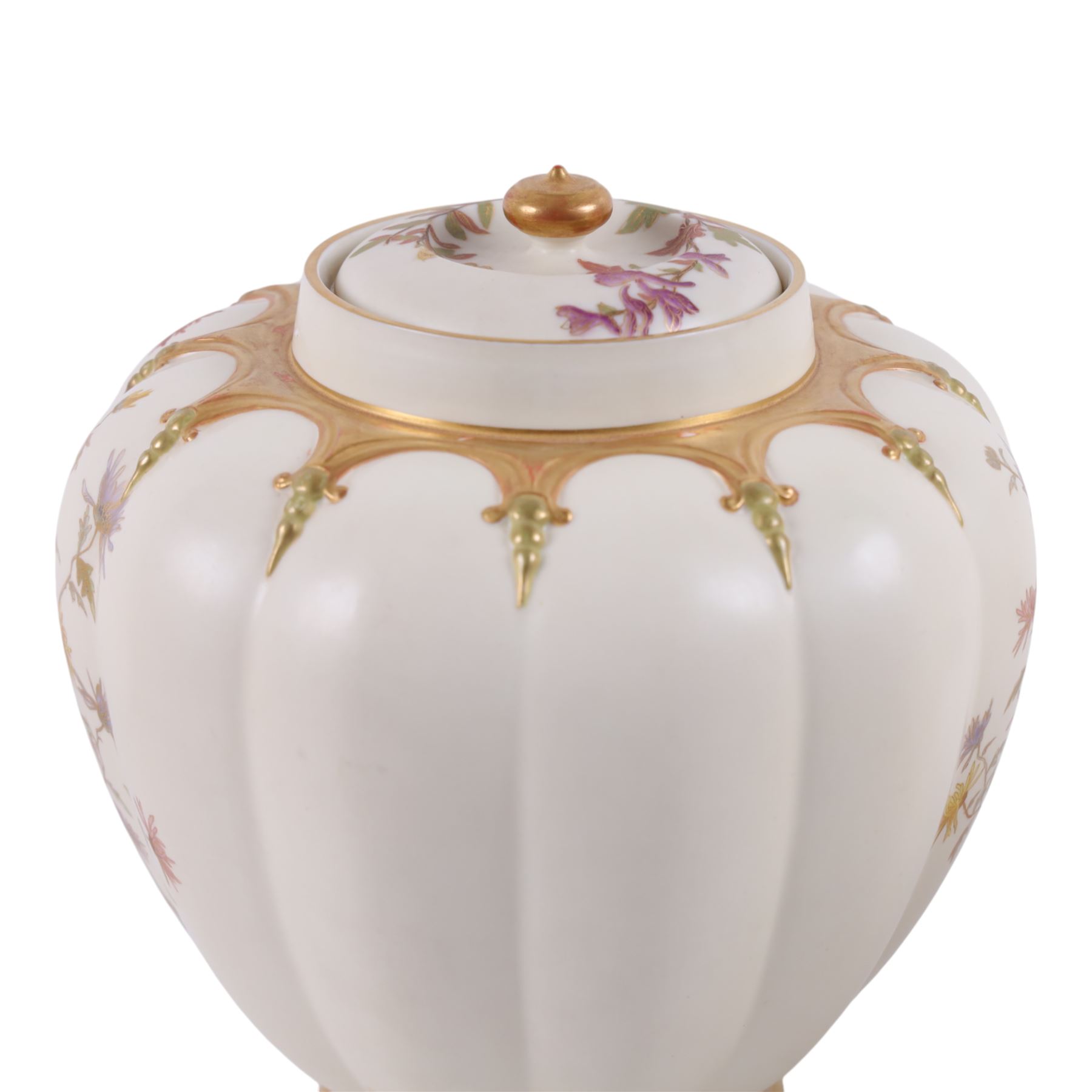 Royal Worcester pair of blush ivory jar and covers, painted with floral sprigs and gilding detail, with price mark beneath and numbered 1312,  H28cm