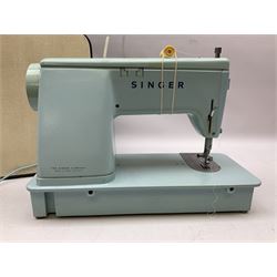 1960s model 347 Singer sewing machine, in baby blue colourway with pedal and original case