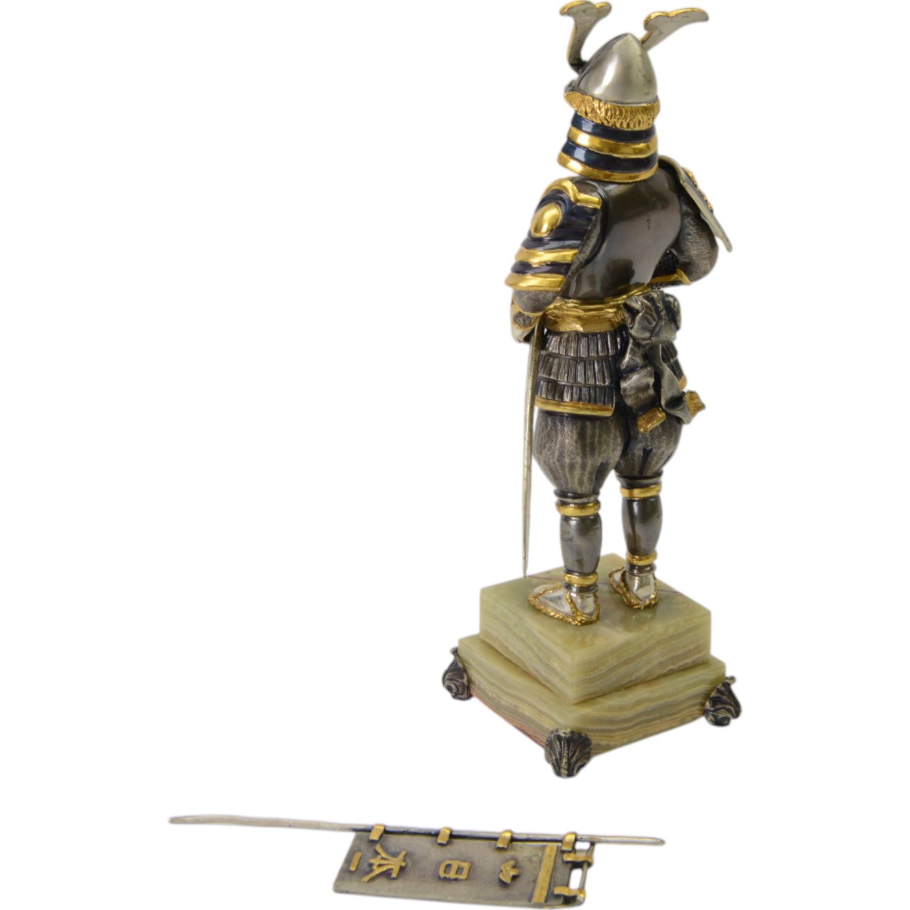 Italian limited edition silvered and gilt bronze figure of a Samurai warrior, with sword and flag, signed Giuseppe Vasari, no. 11/400,  upon an green stepped onyx base H25cm