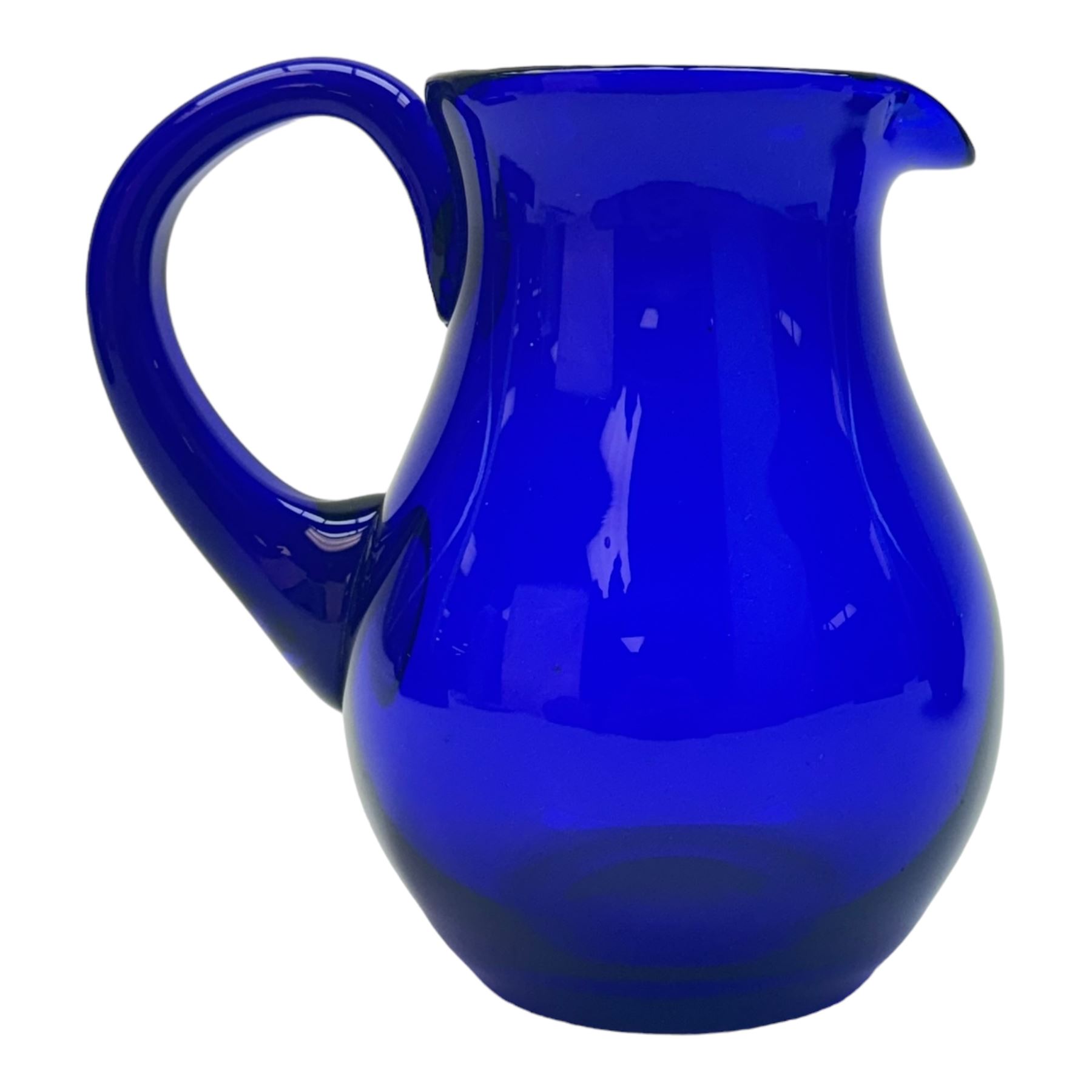 19th century Bristol blue glass jug, the baluster body with simple loop handle, together with a double lipped rinser, jug H14cm