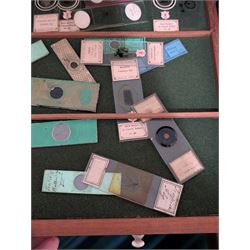 Victorian collector's specimen cabinet, containing a number of prepared microscope slides including miniature photographs, animal and human pathological, physiological and histological specimens and botanical specimens, mostly annotated in ink, the cabinet with glazed door, the drawers with bone handles and lined with green felt, owned by Dr Arthur Bristow, together with a picture of the doctor, cabinet H43cm