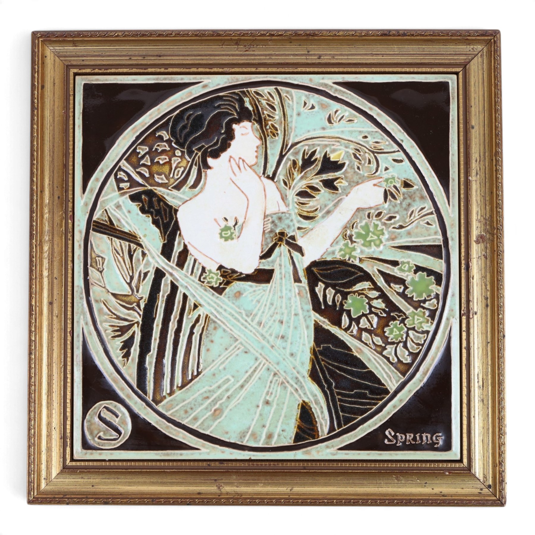 Set of Maw & Co tiles, The Four Seasons: Art Nouveau in style and a similar framed set of five green tiles