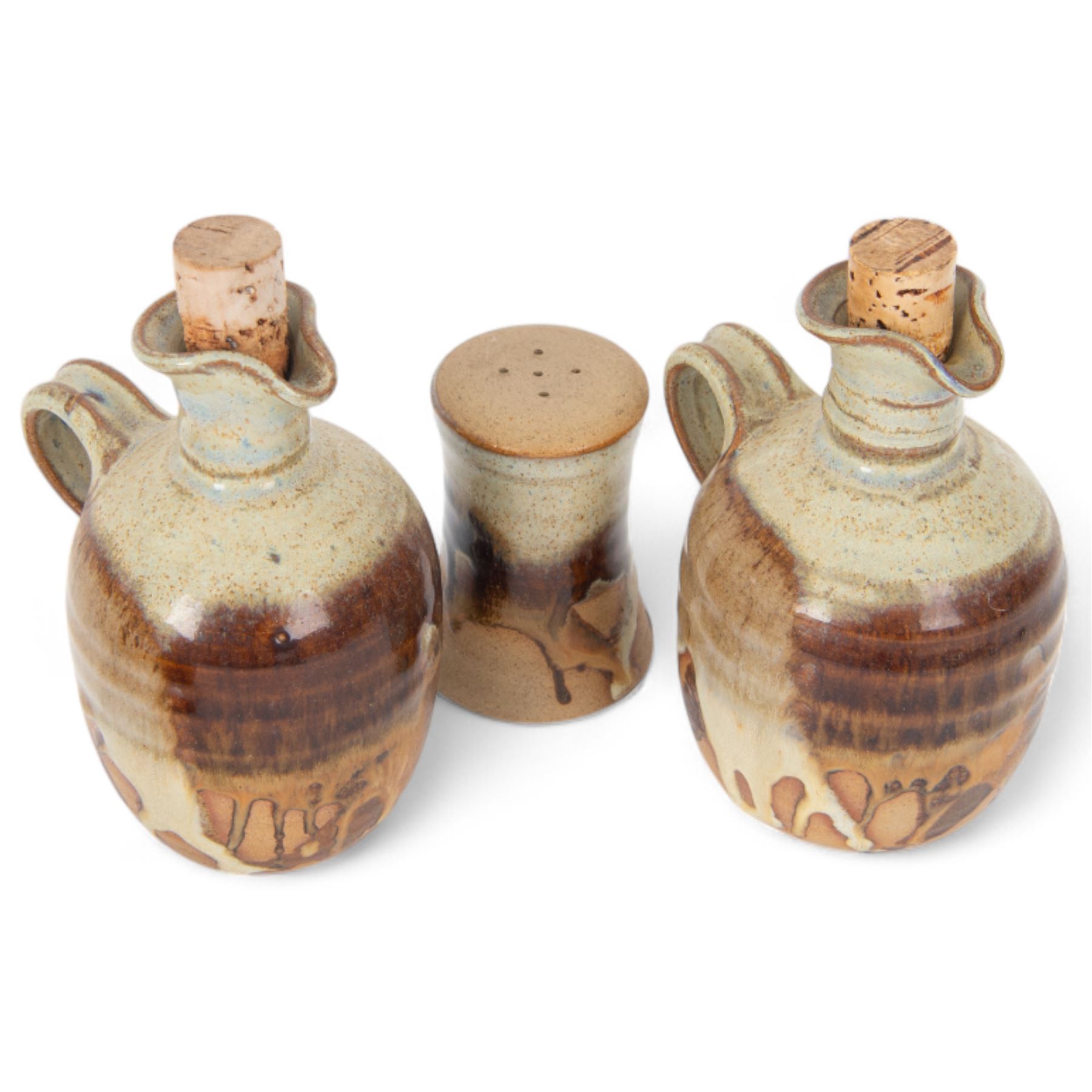 Canterbury Pottery studio pottery cruet set, comprising salt and pepper shaker, mustard pot, oil jug, vinegar jug and stand 
