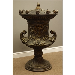  Large bronze finish cast iron lidded garden urn, decorated with foliage swags and dolphins, swirled circular base, H120cm, D72cm  