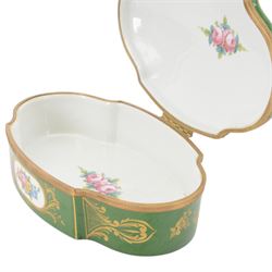 French bombee casket, Sevres style, painted with floral sprays inside gilt frames on a a green ground the cover decorated with a courting couple, signed Poirson, H18cm