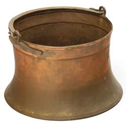 19th century brass and copper cauldron, circular open body with rolled rim, riveted side m...