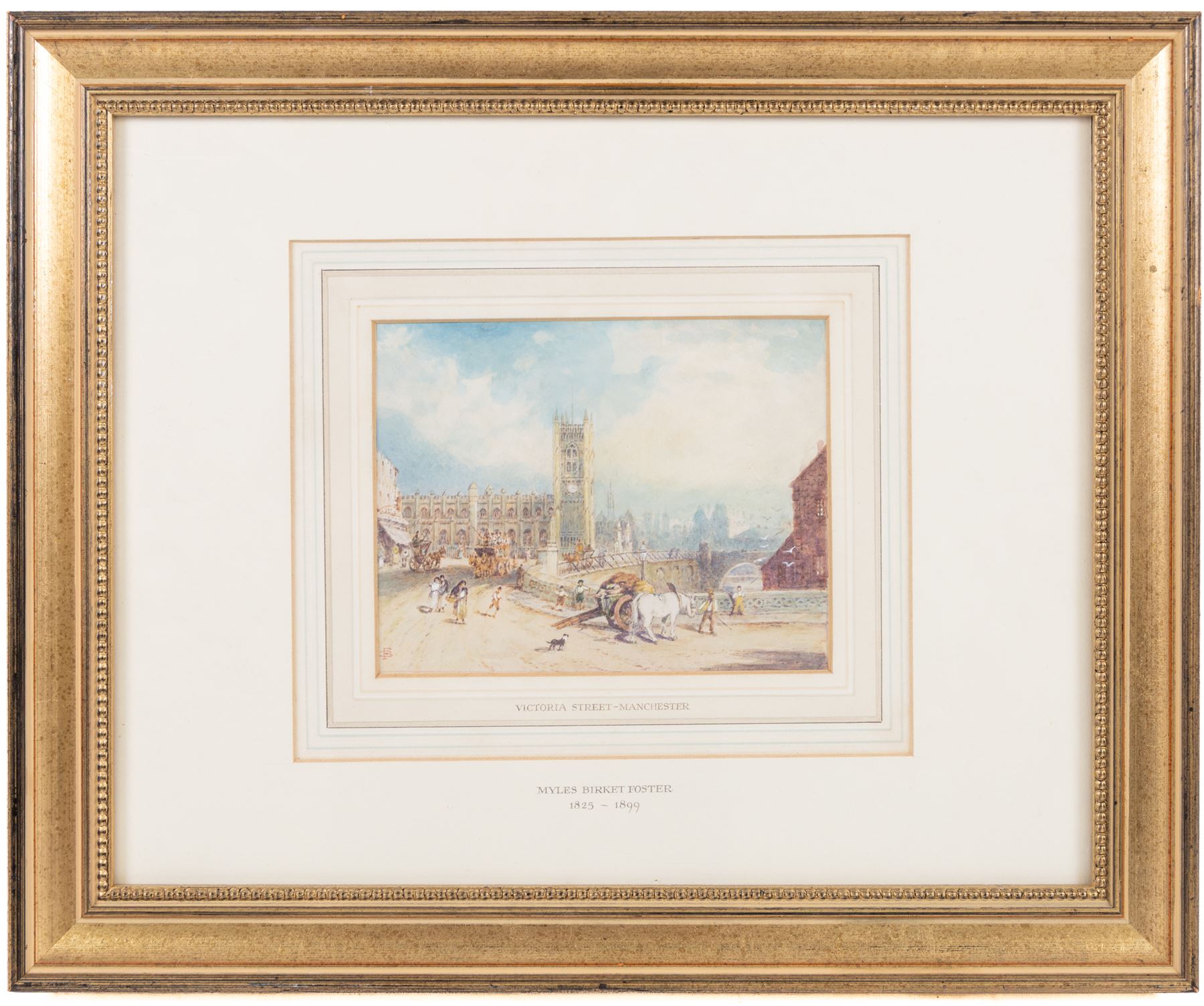 Circle of Myles Birket Foster RWS (British 1825-1899): 'Victoria Street Manchester', watercolour bearing monogram 13cm x 17cm
Notes: an almost identical picture appears on page 70 of H M Cundall's book about the work of Birket Foster, however there is a difference in the size 
