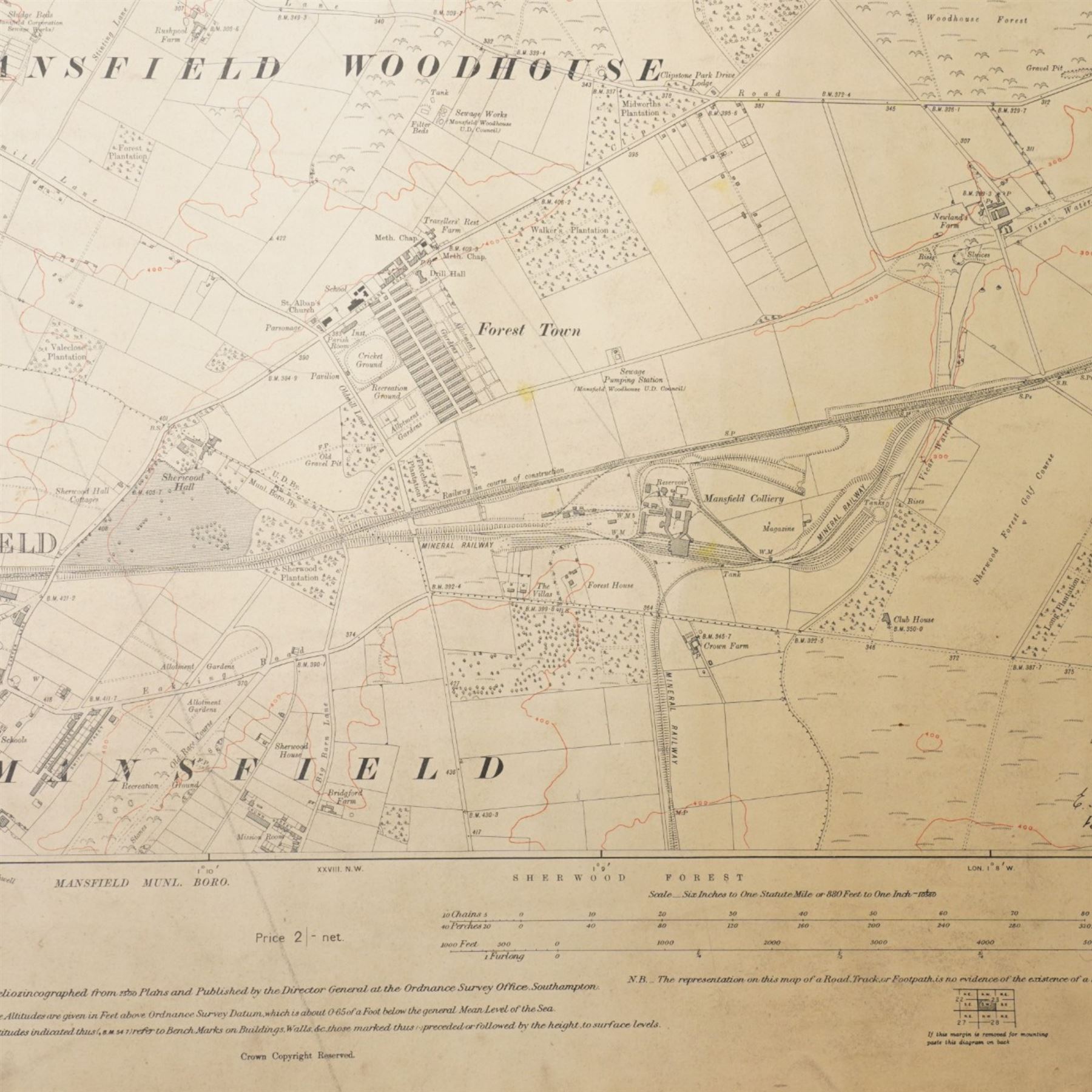 Ordnance Survey: Shirebrook Colliery, mid 20th century large-scale lithographic survey map with hand-coloured mine workings and seam boundaries, mounted on wooden rollers