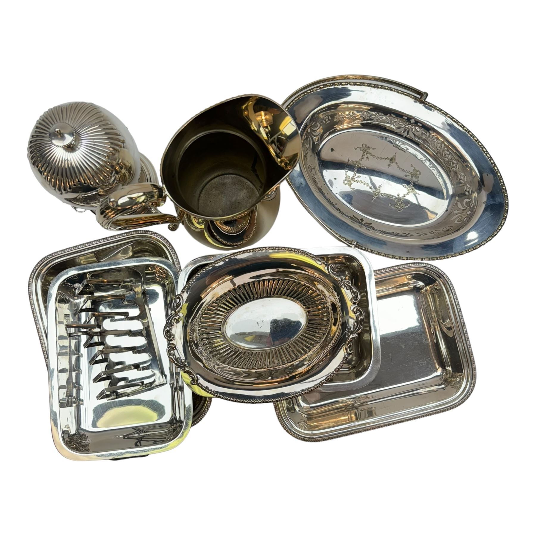 Modern silver plated Barker Ellis pitcher, with oblique gadrooned rim and acanthus capped C scroll handle, an egg coddler with part fluted body and urn finial and other silver plated items including toast rack, two serving dishes, etc, coddler H23.5cm