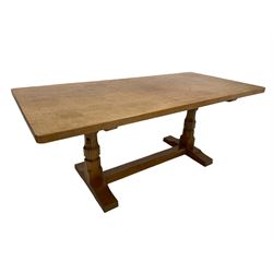 Mouseman - oak 6' refectory dining table, rectangular adzed and pegged top, two octagonal pillar supports on sledge feet joined by floor stretcher,  carved with mouse signature, by the workshop of Robert Thompson, Kilburn