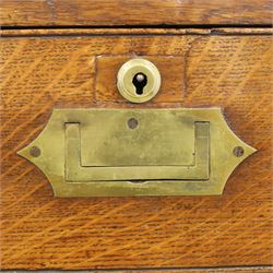 19th century brass bound mahogany campaign chest, with brass bound corners and edges, recessed brass handles, the upper section with two short over one long drawer, the lower section with two long drawers