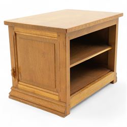 Beaverman - oak media stand, rectangular top over panelled hinged front fitted with Yorkshire rose carved handles, on moulded skirt base, carved with beaver signature, by Colin Almack, Sutton-under-Whitestone Cliffe, Thirsk