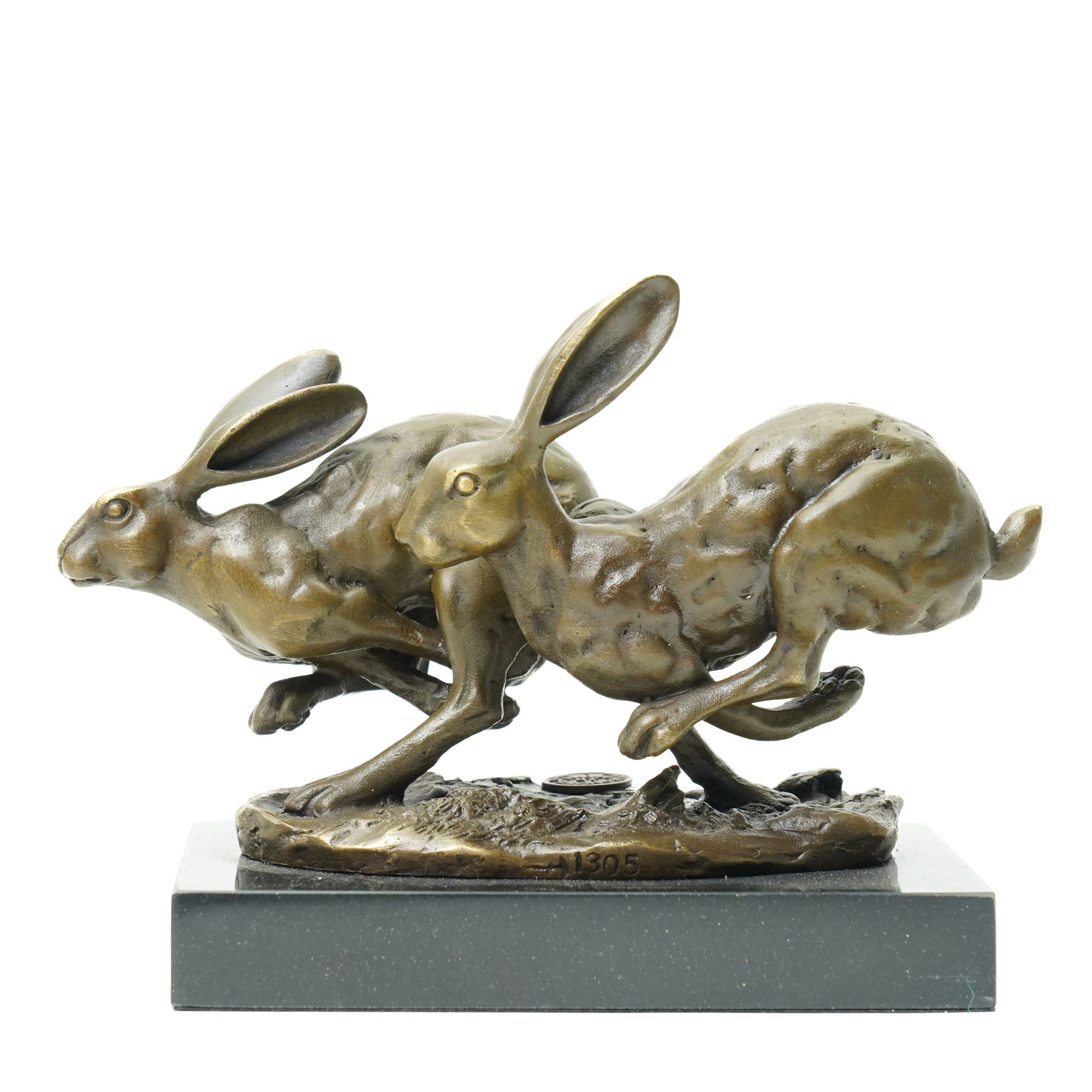 Bronze figure group, modelled as two hares in chase, after 'Nick', with foundry mark, upon a rectangular base, H11cm L15cm