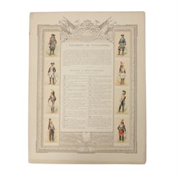 Five coloured French prints of the 4th, 5th, 6th & 13th Cuirassiers through history and the history of the 2nd Regt.de Dragons, H49cm